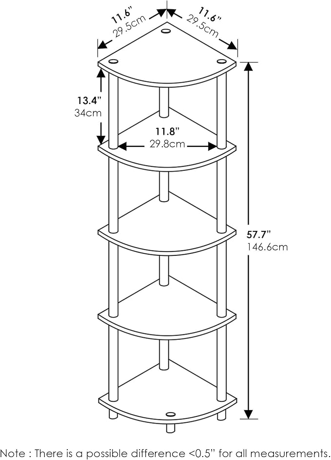 Furinno TURN-N-TUBE Corner Shelf, 5-Tier Corner Bookshelf, Open Storage Shelves - Image 3