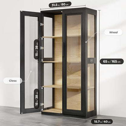 Curio Cabinet with Glass Doors, Bookcase with 4 Shelves, Display Cabinets - Image 2