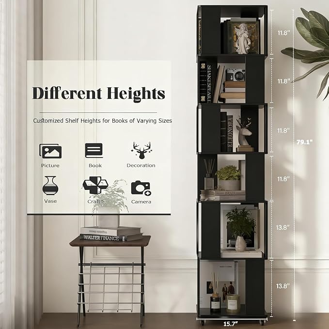 6 Tier Solid Wood Rotating Bookshelf Tower on Wheels, 360° Upgrade Spinning - Image 2