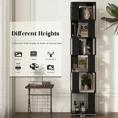 6 Tier Solid Wood Rotating Bookshelf Tower on Wheels, 360° Upgrade Spinning - Image 2