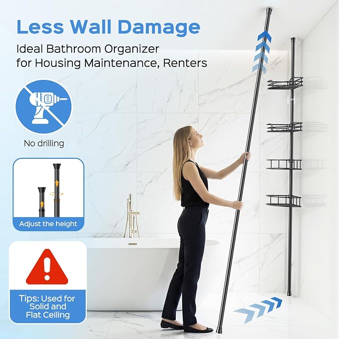 HAMITOR Corner Shower Caddy Tension Pole: 4-Tier Large Capacity Bathroom - Image 3