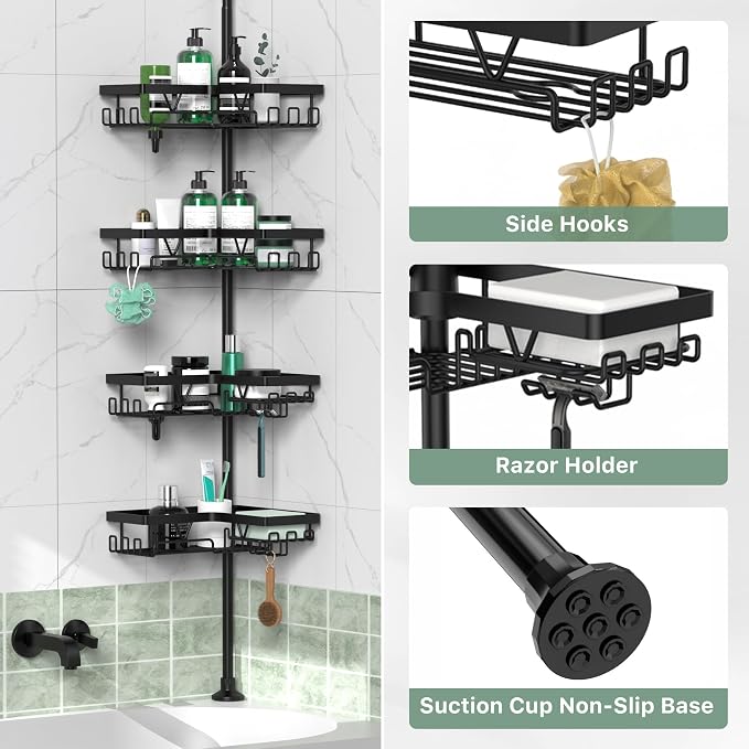 DAOYA Corner Shower Caddy Tension Pole 4 Tier Shower Caddy Organizer Black | - Image 5