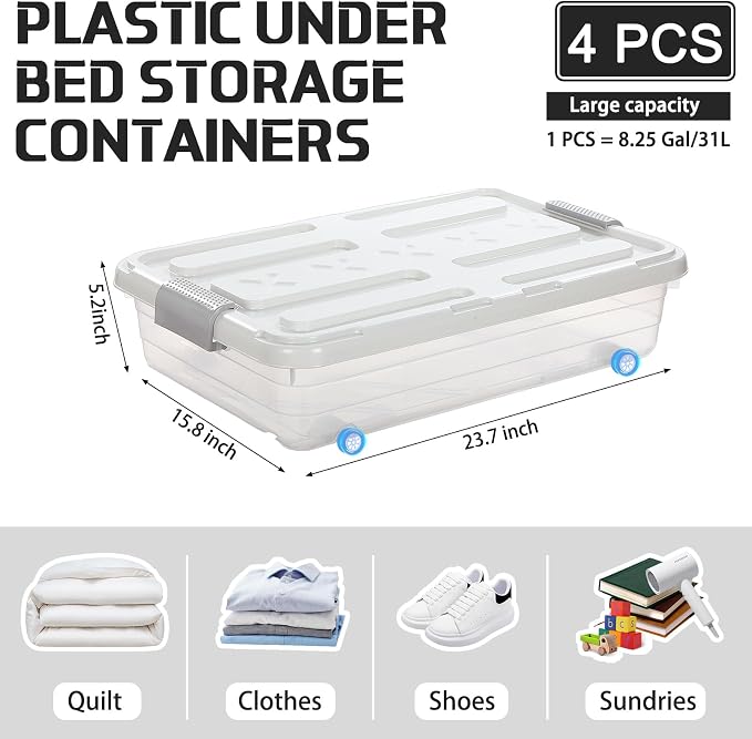 Beeveer 4 Pcs Plastic Under Bed Storage Containers - Image 2
