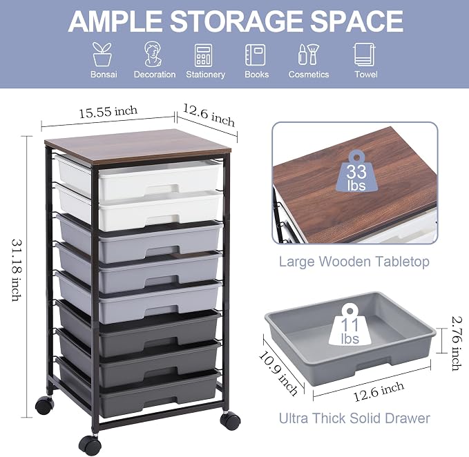 Rolling Cart with Drawers, Utility Cart With 8 Drawers and Wooden Tabletop - Image 2