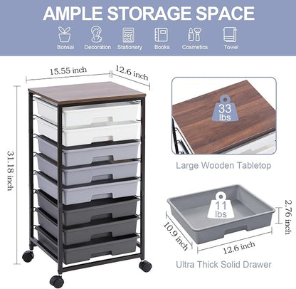 Rolling Cart with Drawers, Utility Cart With 8 Drawers and Wooden Tabletop - Image 2