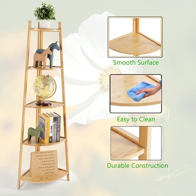 Bamboo Corner Shelf Stand for Display, 5-Tier Shelf for Organize - Image 4