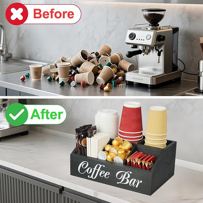 Coffee Bar Accessories Organizer 5 Compartment Wood Countertop Storage | - Image 4