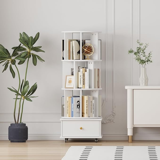 3-Tier Rotating Bookshelf with Drawers on Wheels, 360° Spinning Corner Bookcase - Image 3