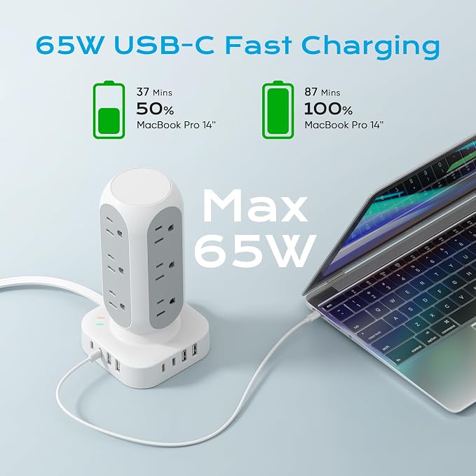 65W Fast Charging Station, Flat Plug Power Strip Tower - Image 2