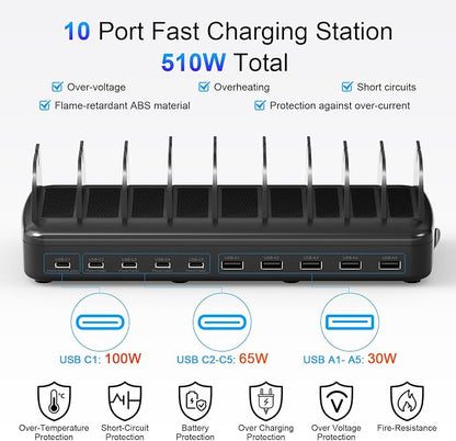 510W Fast Charging Station for Multiple Devices, 10 Port USB C Charger Station - Image 5