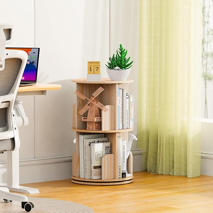 Kinembold Small Rotating Bookshelf, 2 Tier Revolving Bookcase 360 Display Round - Image 2