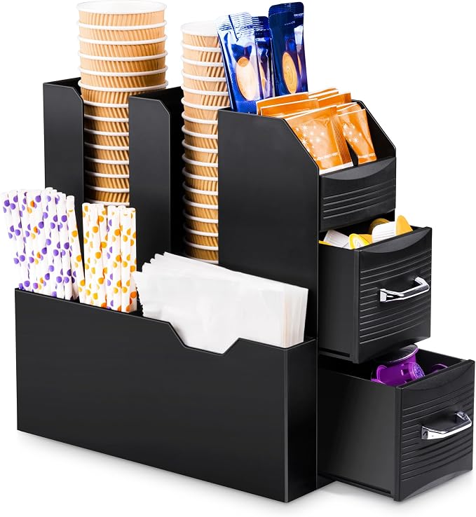 SZQINJI Coffee Condiment Organizer 11-Compartment Countertop 2-Drawer Black | by SZQINJI