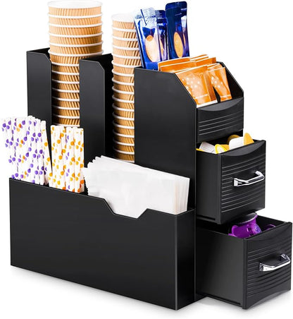 SZQINJI Coffee Condiment Organizer 11-Compartment Countertop 2-Drawer Black | by SZQINJI