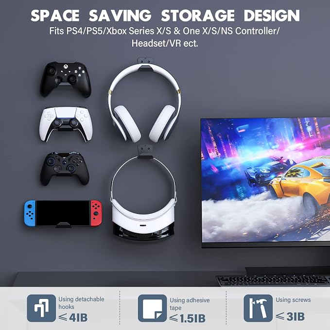 Controller Wall Mount for PS5/PS4/Xbox/Switch Controller, Adhesive PS5 Headset - Image 4