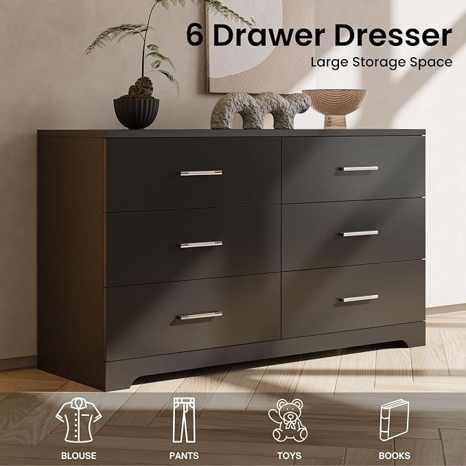 Karl home 6 Drawer Dresser, Wood Black Vanity Drawer Cabinet, Bedroom Storage - Image 4