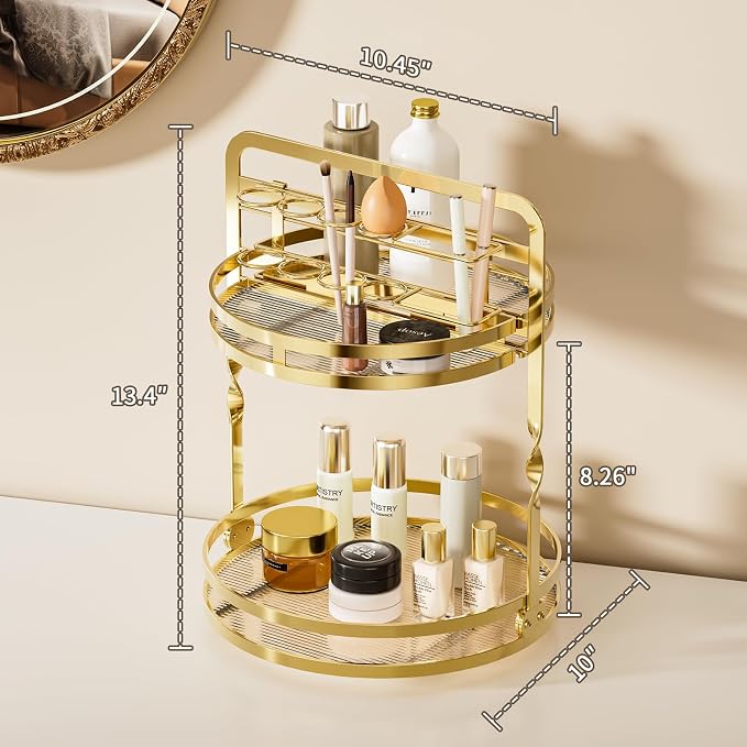 360° Rotating Makeup Organizer, 2-Tier Gold Perfume Organizer - Image 5