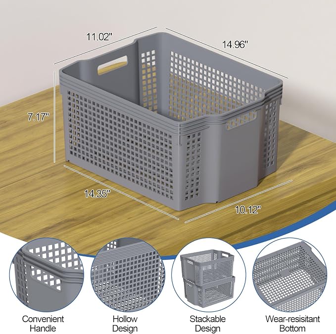 12-Pack Large Plastic Storage Baskets, Deep Stacking Storage Basket Bin - Image 3