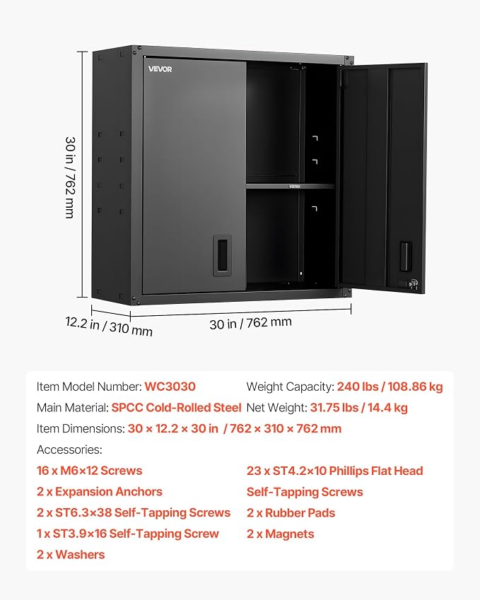 VEVOR Metal Wall Cabinet, 30W x 12.2D x 30H Inch, Steel Floating Hanging - Image 8