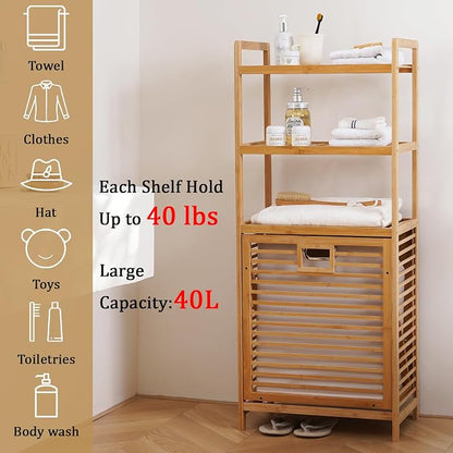 Bamboo Laundry Hamper with 3 Tier Shelves & Tilt Out Basket, Laundry Baskets - Image 4