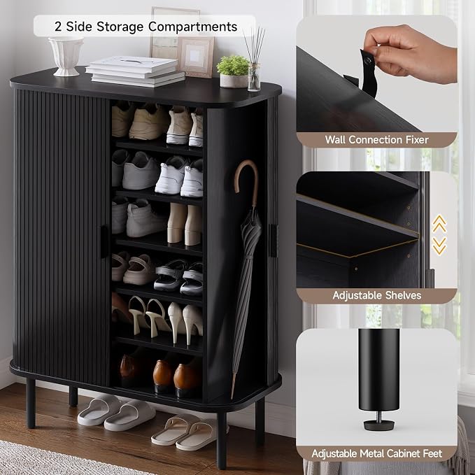 6-Tier Shoe Cabinet with Sliding Door, Wooden Shoe Storage Cabinet with - Image 4