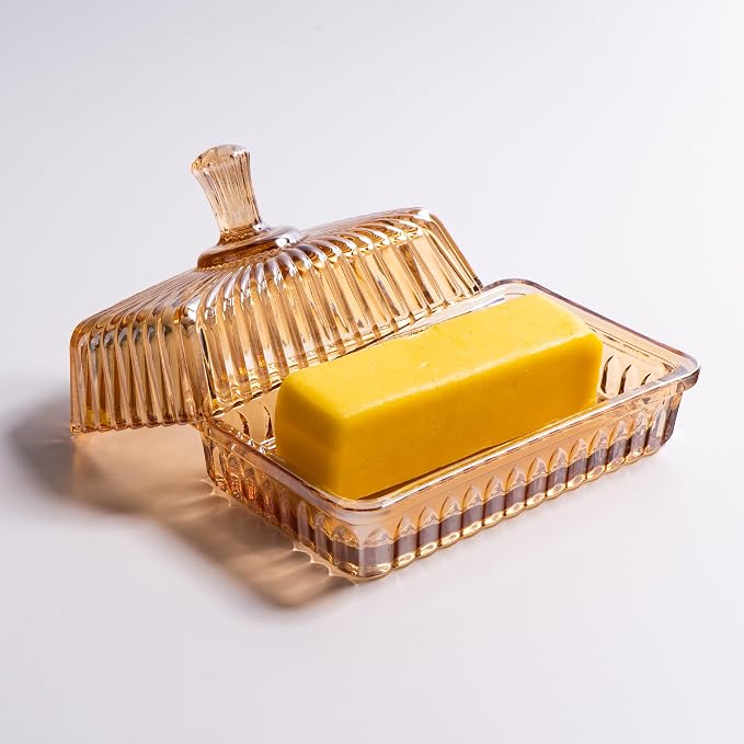 Glass Butter Dish with Lid for Countertop, Champagne Color Striped Crystal - Image 2