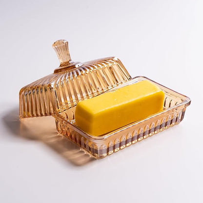 Glass Butter Dish with Lid for Countertop, Champagne Color Striped Crystal - Image 2