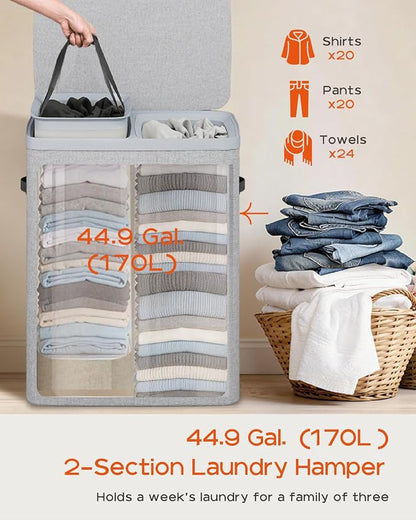 CASAMAYA Laundry Basket with Lid, Laundry Hamper 2 Section, 170L collapsible - Image 3