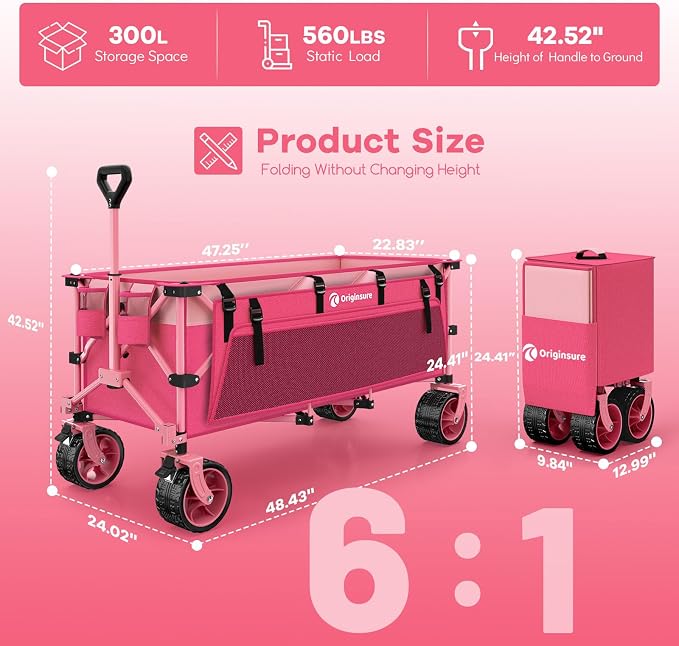 48" L Collapsible Beach Wagon Cart Foldable, 560LB Weight Capacity 300L Heavy - Image 2