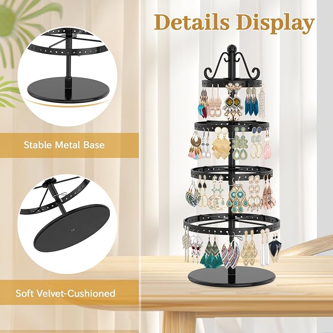 MODOWEY Rotating Earring Holder Organizer Stand, 4 Tier Adjustable Metal - Image 5