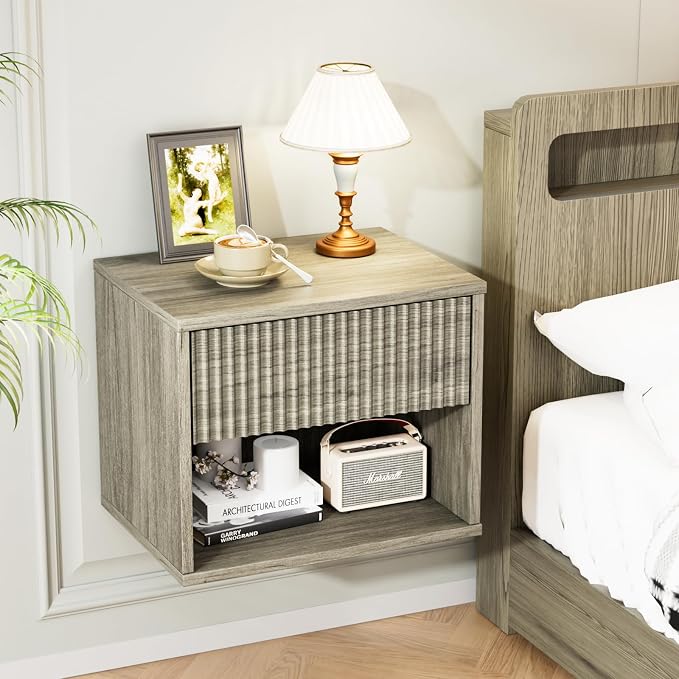 VINGLI Floating Nightstand Gray Fluted Night Stand 1 Drawer Bed Side Table by VINGLI