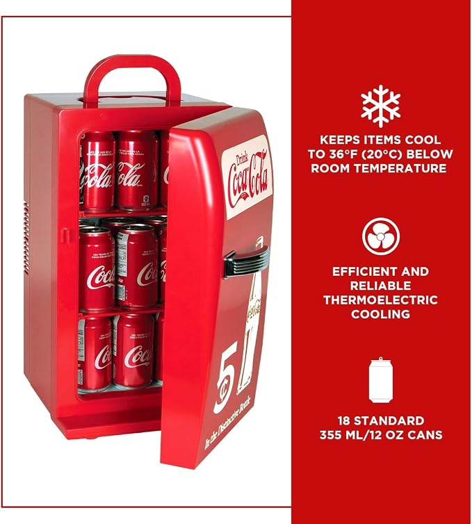 Coca-Cola Retro 18 Can Mini Fridge w/ 12V DC and 110V AC Cords, Portable Cooler - Image 4