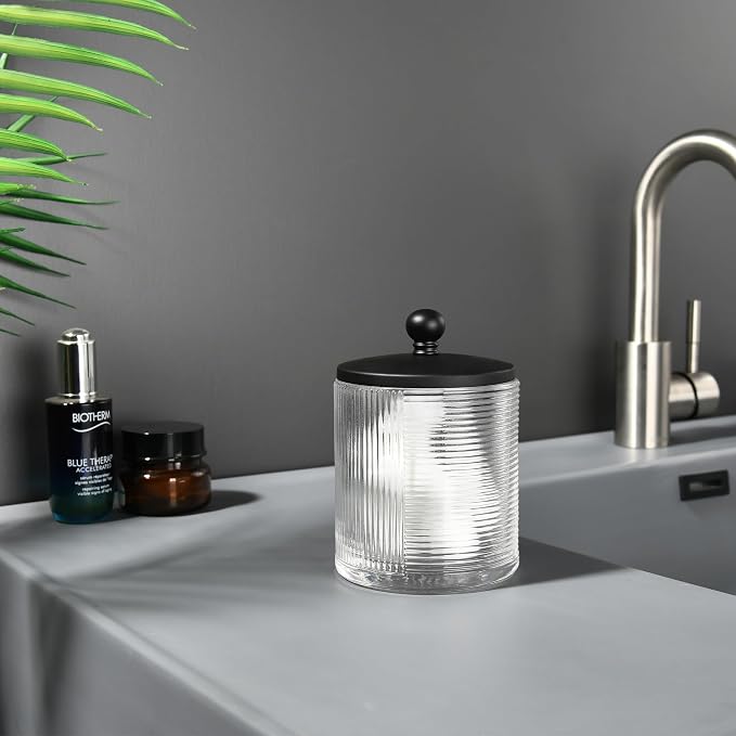 Clear Transparent Apothecary Ribbed Geometric Etched Glass Jar W/Matte Black - Image 8