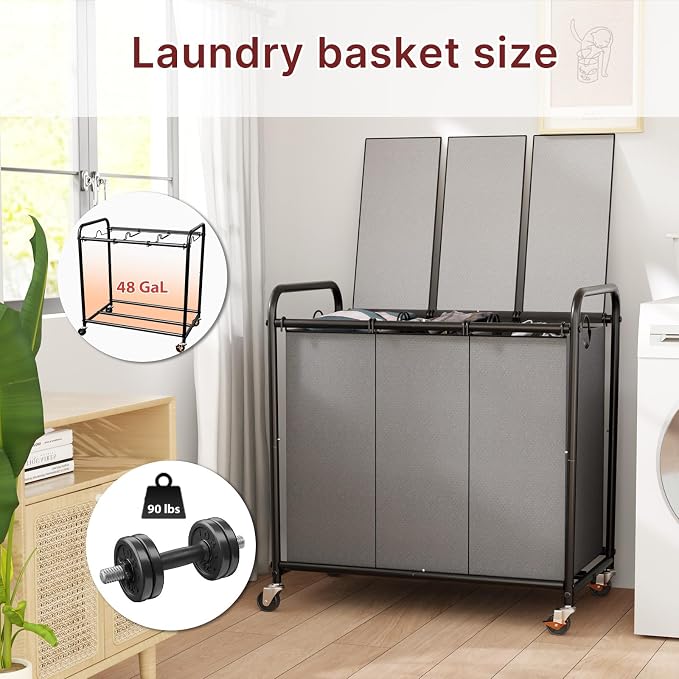 180L Laundry Sorter 3 Section – Heavy Duty Rolling Laundry Basket - Image 2