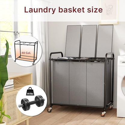 180L Laundry Sorter 3 Section – Heavy Duty Rolling Laundry Basket - Image 2