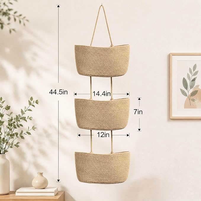 3-Tier Over the Door Hanging Basket, Cotton Rope Woven Decorative Hanging - Image 2