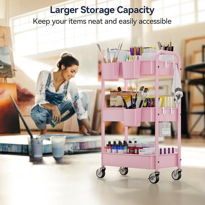 YASONIC 3-Tier Metal Rolling Cart, Heavy Duty Utility Cart - Image 4
