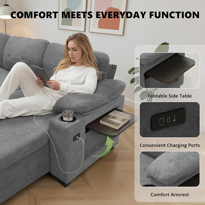 93" L Shaped Sleeper Sofa Bed, Pull Out Sectional Couch - Image 5