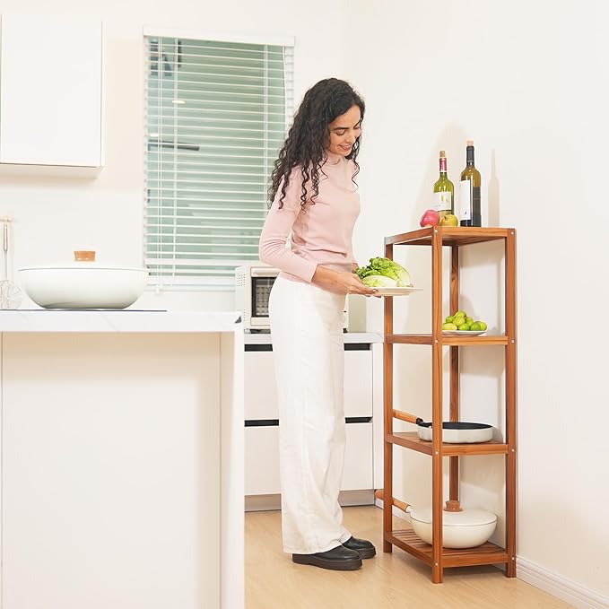 VaeFae Teak Bathroom Shelf, 4-Tier Storage Shelf, Wooden Stand Shelf Organizer - Image 5