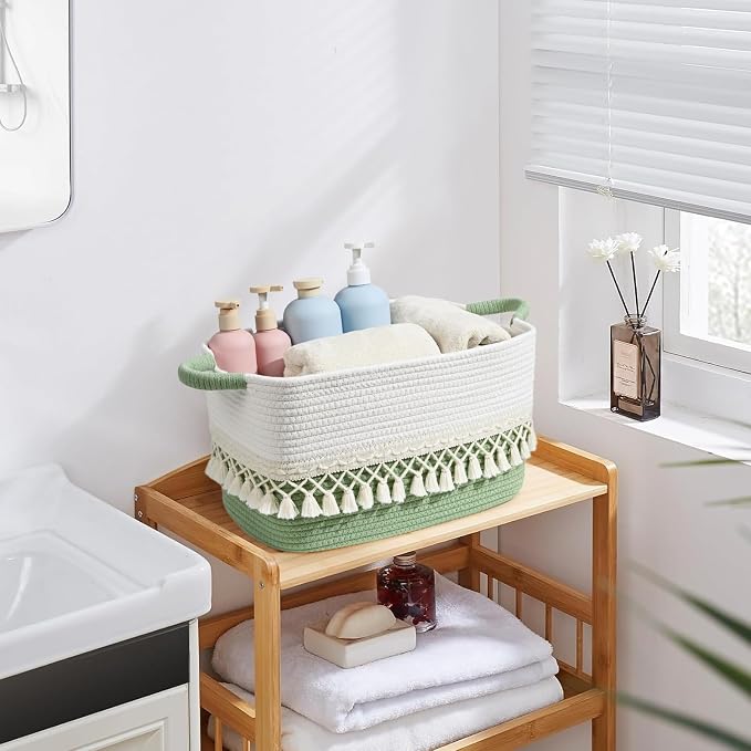 3 Pack Storage Basket for Shelves, Boho Cotton Rope Storage Bins - Image 6