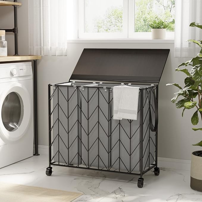 WOWLIVE Laundry Basket with Wheels, 142L Hamper 3 Section with Lid, Dirty - Image 2