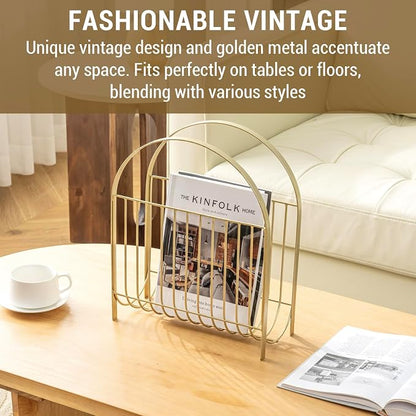 MyGift Deluxe Mid Century Brass Tone Metal Wire Magazine Holder Rack, Table or - Image 2