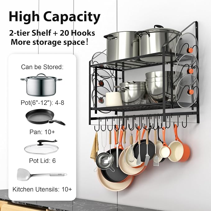 28 Inch Pot Rack Wall Mounted, 2 Tier Pots and Pans Organizer - Image 3