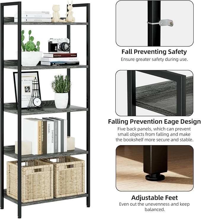 NUMENN Bookshelf, 5 Tier Freestanding Shelving Unit, Dark Grey | Metal Frame & - Image 6