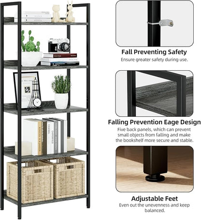 NUMENN Bookshelf, 5 Tier Freestanding Shelving Unit, Dark Grey | Metal Frame & - Image 6