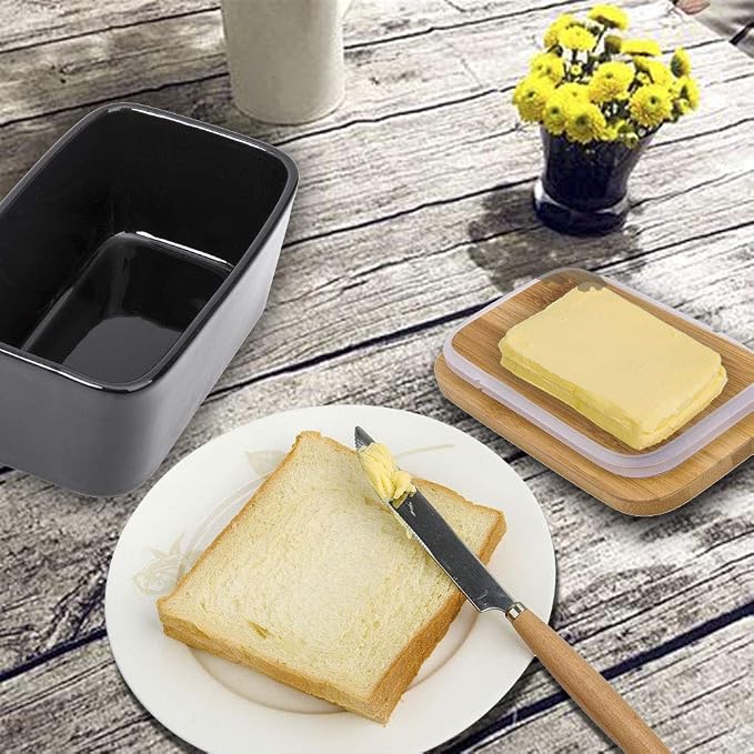 Butter Dish with Lid, Extra Large 650ml, Porcelain Keeper with Bamboo Lid Cover - Image 3