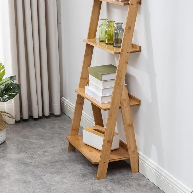 Maydear Bamboo Ladder Shelf Bookcase, 4-Tier Leaning Bookshelf Free Standing - Image 6