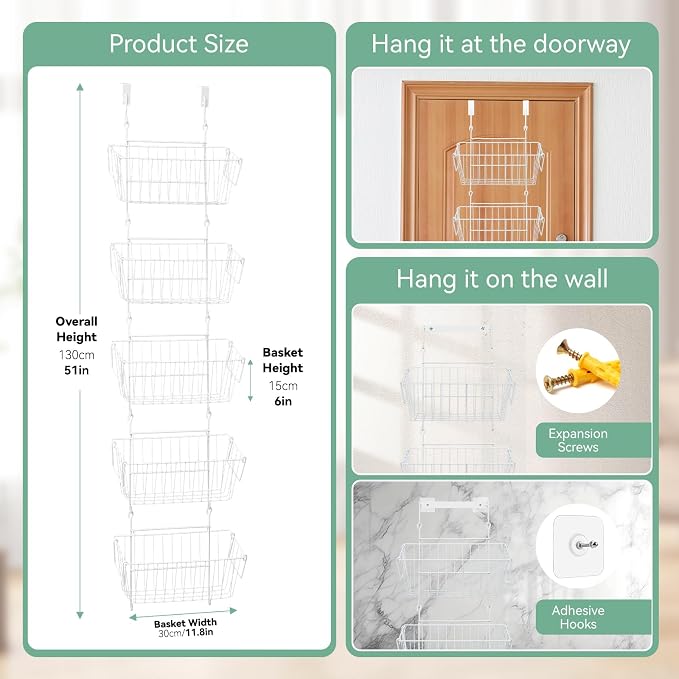 Over The Door Organizer – 5 Removable Hanging Baskets, Back of Door Storage - Image 2