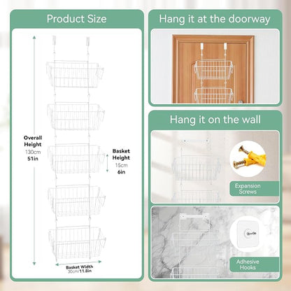 Over The Door Organizer – 5 Removable Hanging Baskets, Back of Door Storage - Image 2