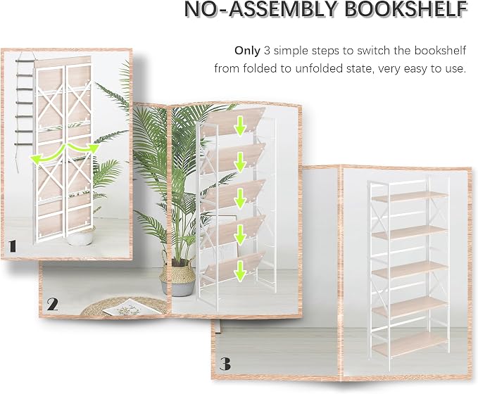 4NM 5 Tiers No Assembly Book Shelves, 51.2" H Folding Bookshelf Bookcase Open - Image 6