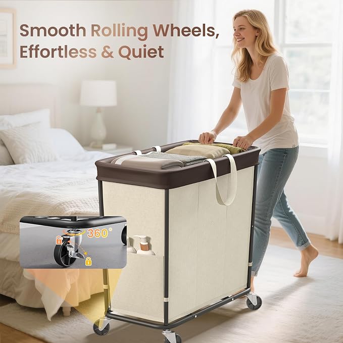 320L Laundry Basket with Wheels, 3-Section Rolling Hamper - Image 3